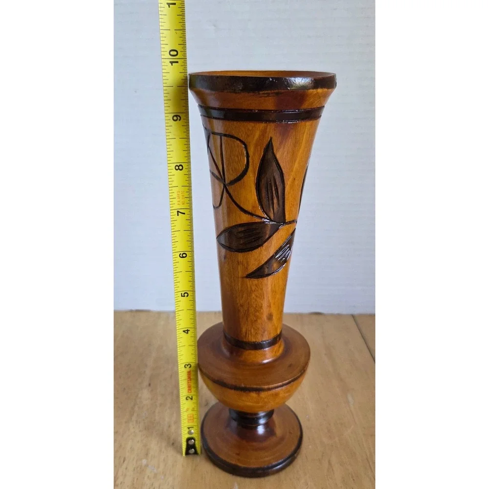 Vintage Hand Carved Turned Wooden Vase Floral and Leaf Etched Design 10 inches